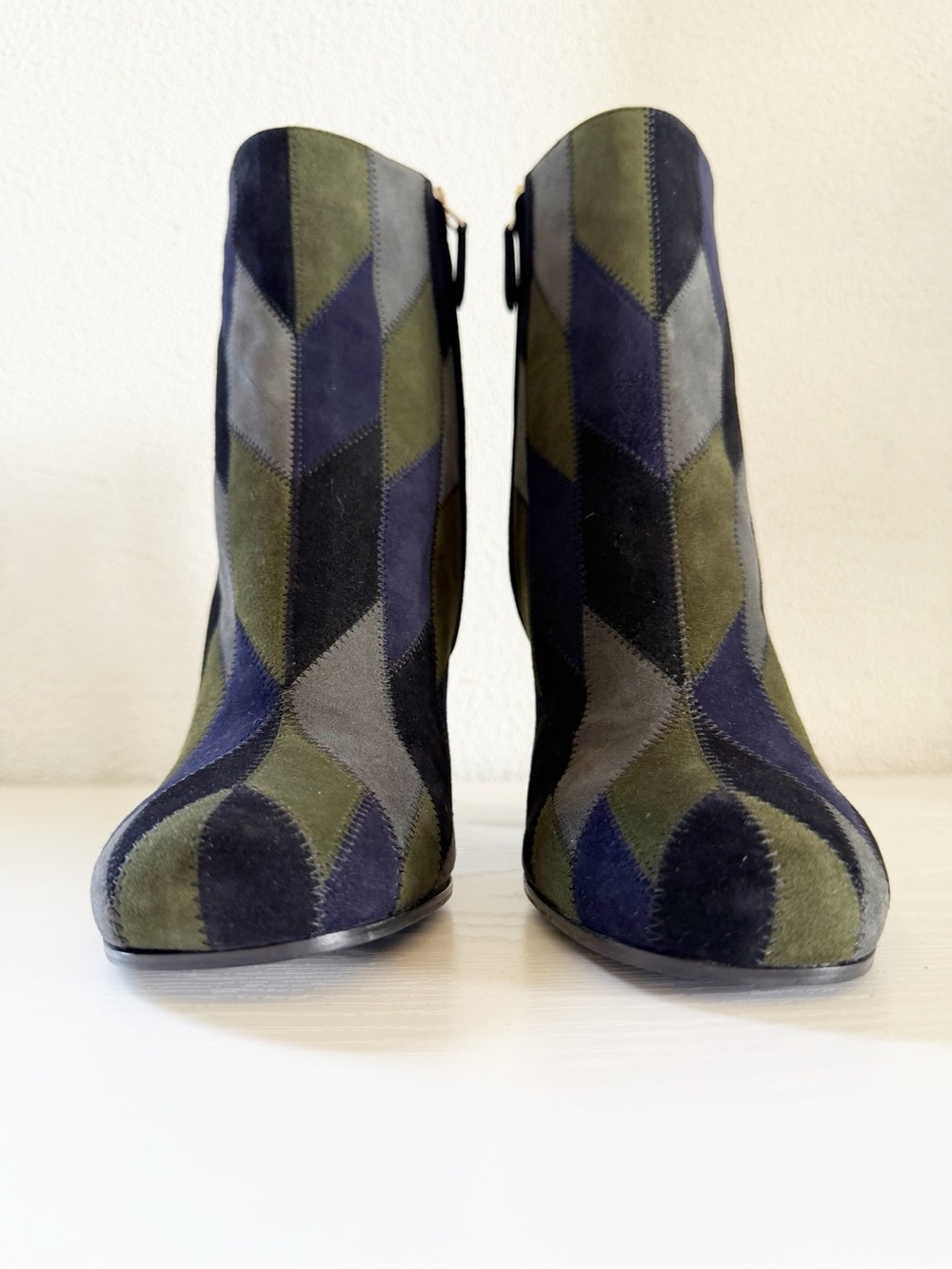 Prada Patchwork Suede Jewel Tone Ankle Boots Size EU 36.5 Blue Green Gray Black - Picture 4 of 11
